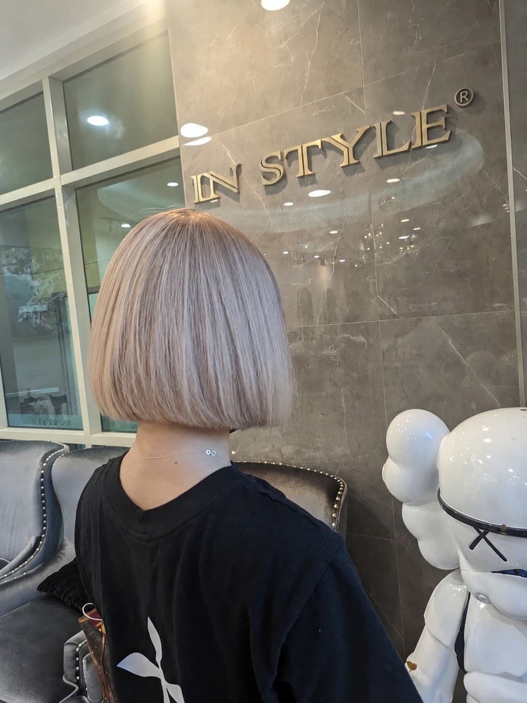 Platinum blonde precision bob, color and cut by Jade