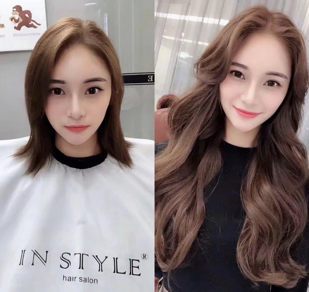 Before and after: shoulder-length hair transformed into long soft waves
