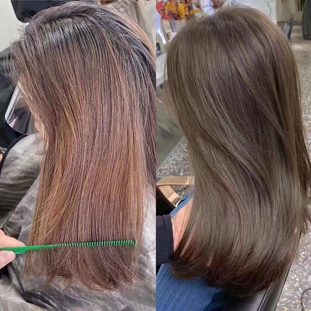 Color correction before and after — brassy tones to smooth ash brown